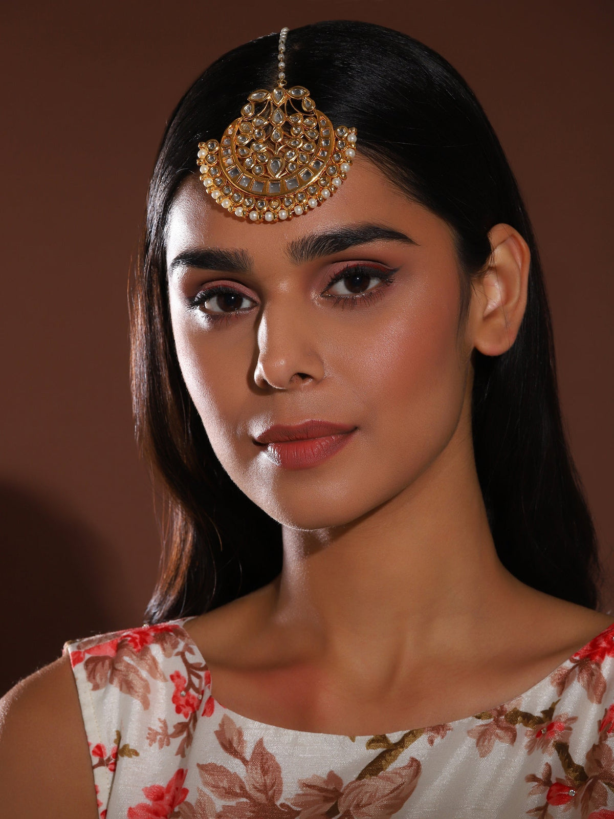 Gold-Polished White Kundan-Studded Maang Tikka - Ruby Raang | Grocsy