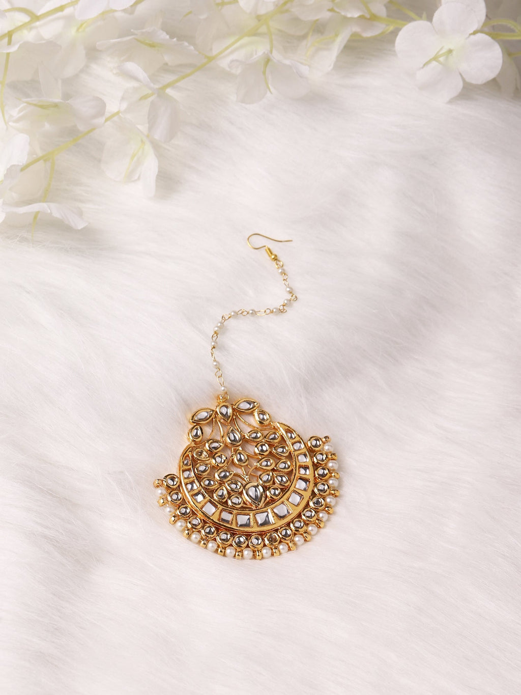 Gold-Polished White Kundan-Studded Maang Tikka - Ruby Raang | Grocsy