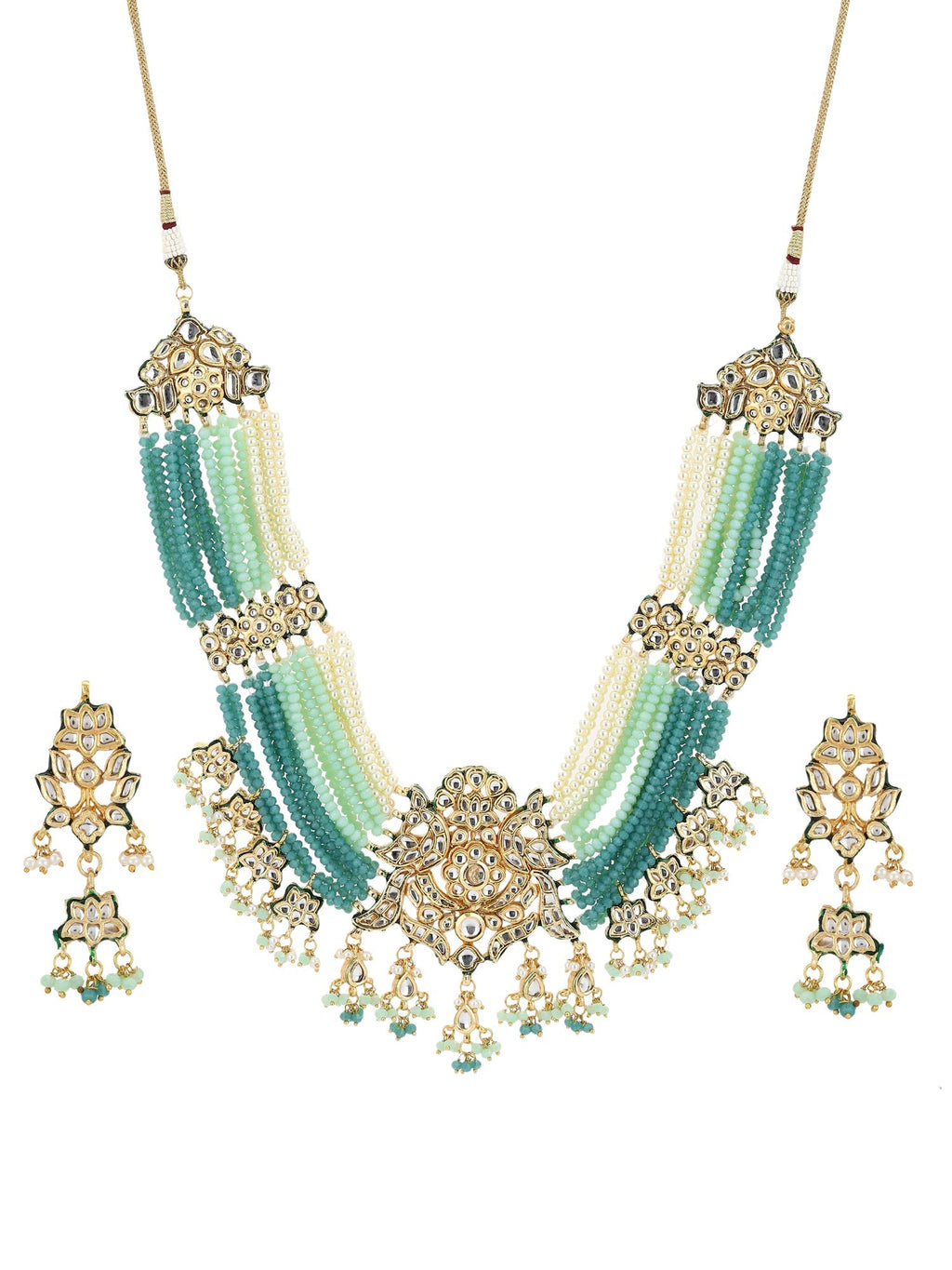 Gold-Polished Blue White Kundan Studded Beaded Jewellery Set - Ruby Raang | Grocsy