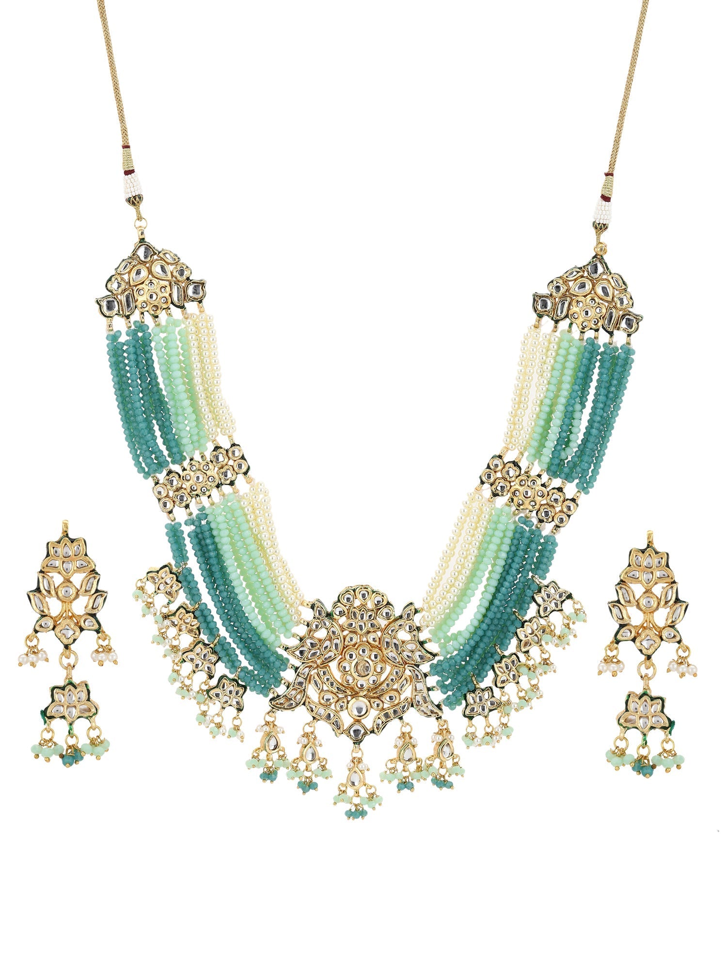 Gold-Polished Blue White Kundan Studded Beaded Jewellery Set - Ruby Raang | Grocsy