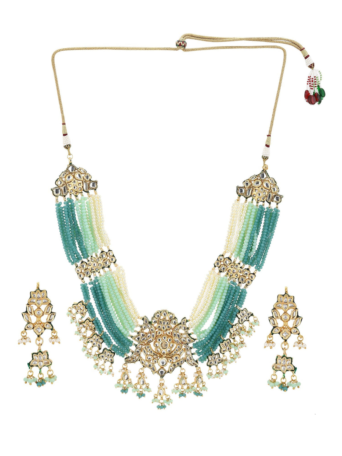 Gold-Polished Blue White Kundan Studded Beaded Jewellery Set - Ruby Raang | Grocsy