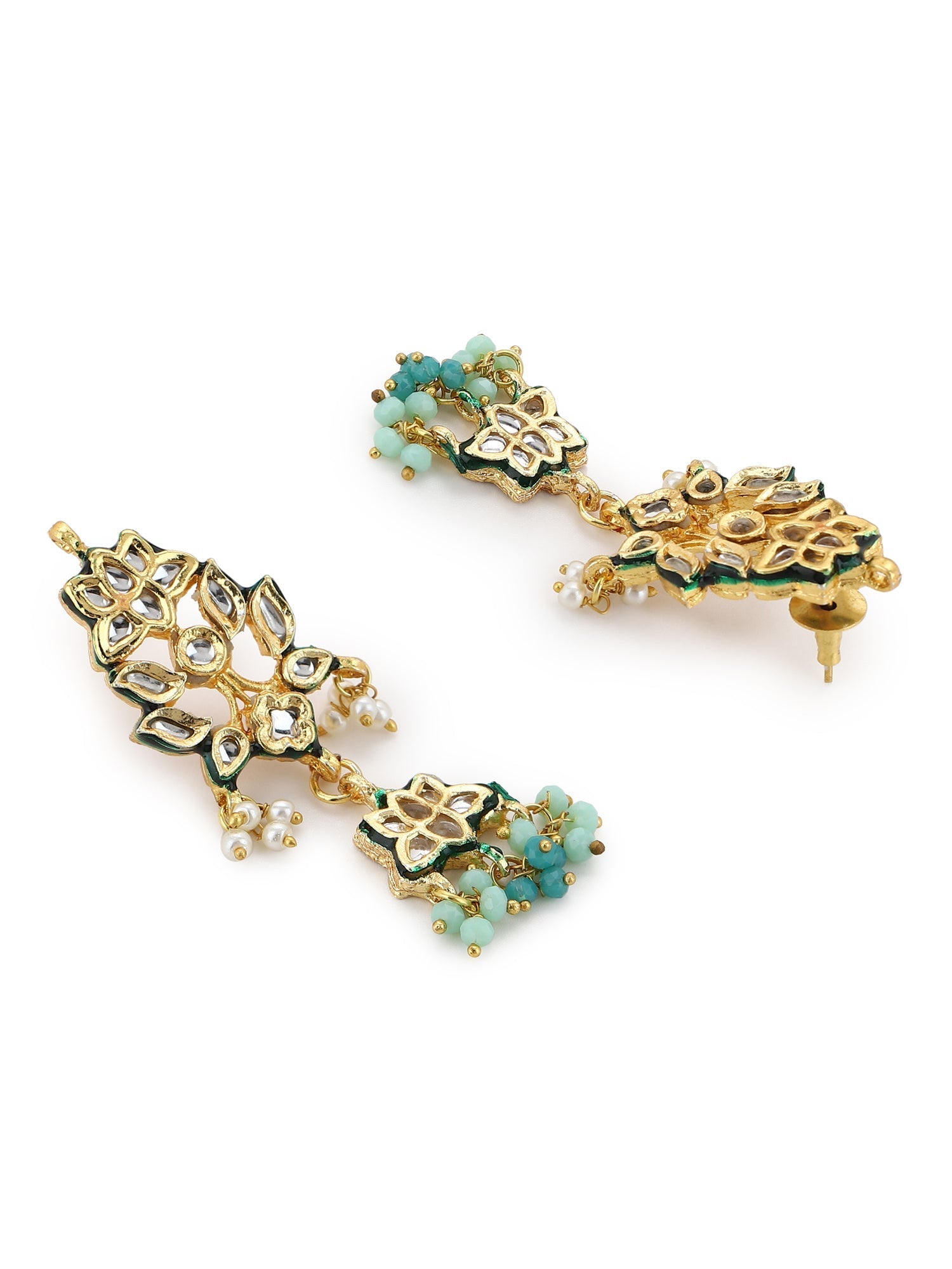 Gold-Polished Blue White Kundan Studded Beaded Jewellery Set - Ruby Raang | Grocsy