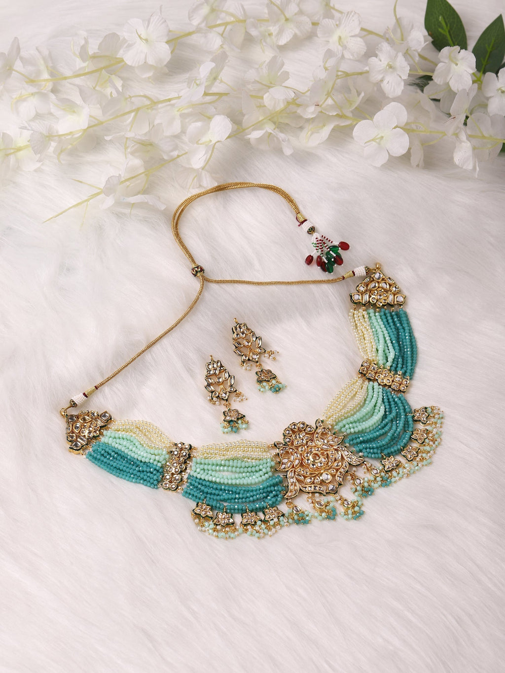 Gold-Polished Blue White Kundan Studded Beaded Jewellery Set - Ruby Raang | Grocsy