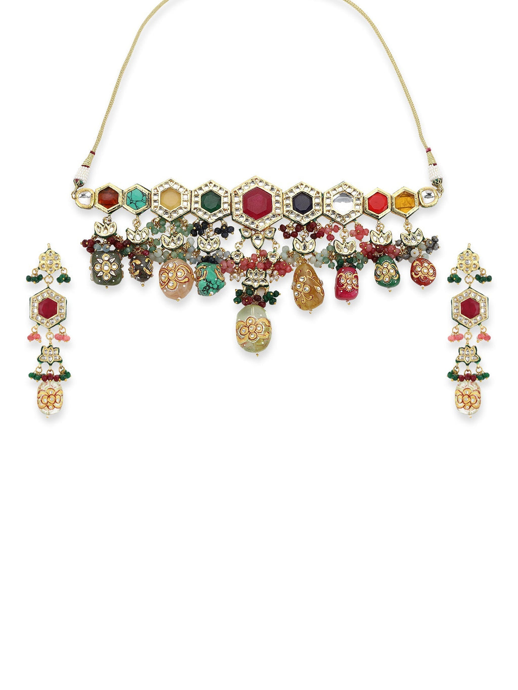 Gold-Polished Multicolored Kundan-Studded Beaded Jewellery Set - Ruby Raang