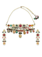 Gold-Polished Multicolored Kundan-Studded Beaded Jewellery Set - Ruby Raang