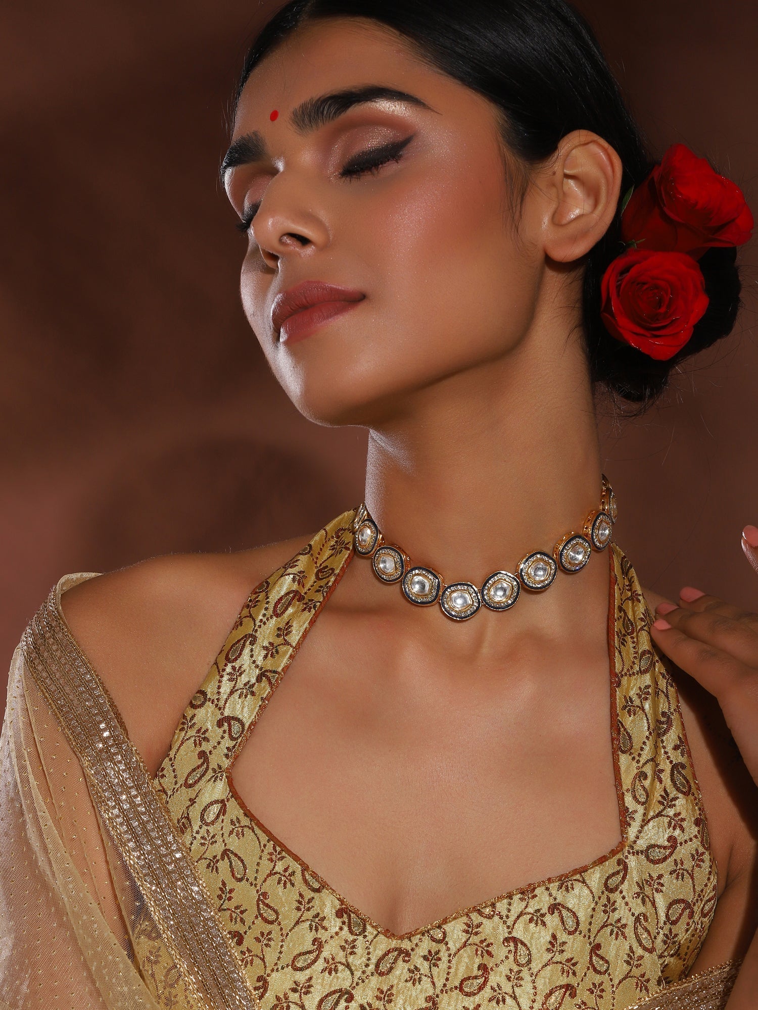 Gold-Toned Green Brass Rhodium-Plated Kundan Necklace - Ruby Raang | Grocsy