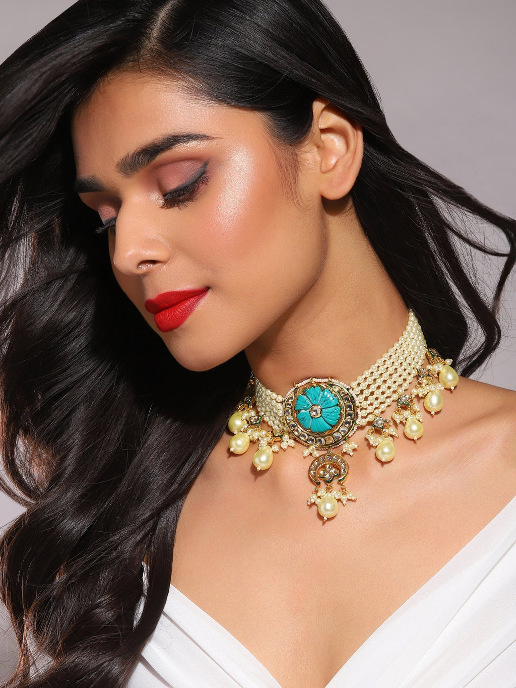 White Blue Brass Gold-Polished Necklace - Ruby Raang | Grocsy