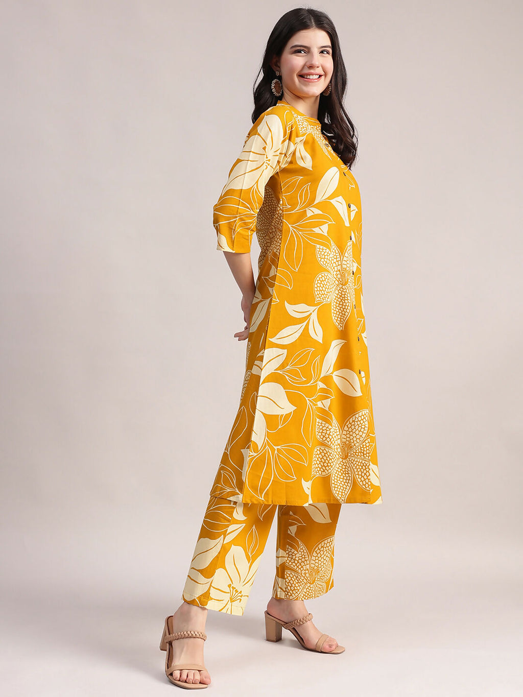 Aavyora Women's Mustard Yellow & White Floral Printed Cotton Co-Ord Set | Grocsy
