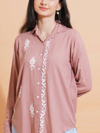 Pahnaz Modal Chikankari Handwork Shirt-Brown | Grocsy