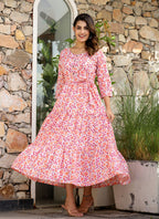 Kaajh Women's Orange Ethnic Floral Hand Block Print Cotton Dress | Grocsy