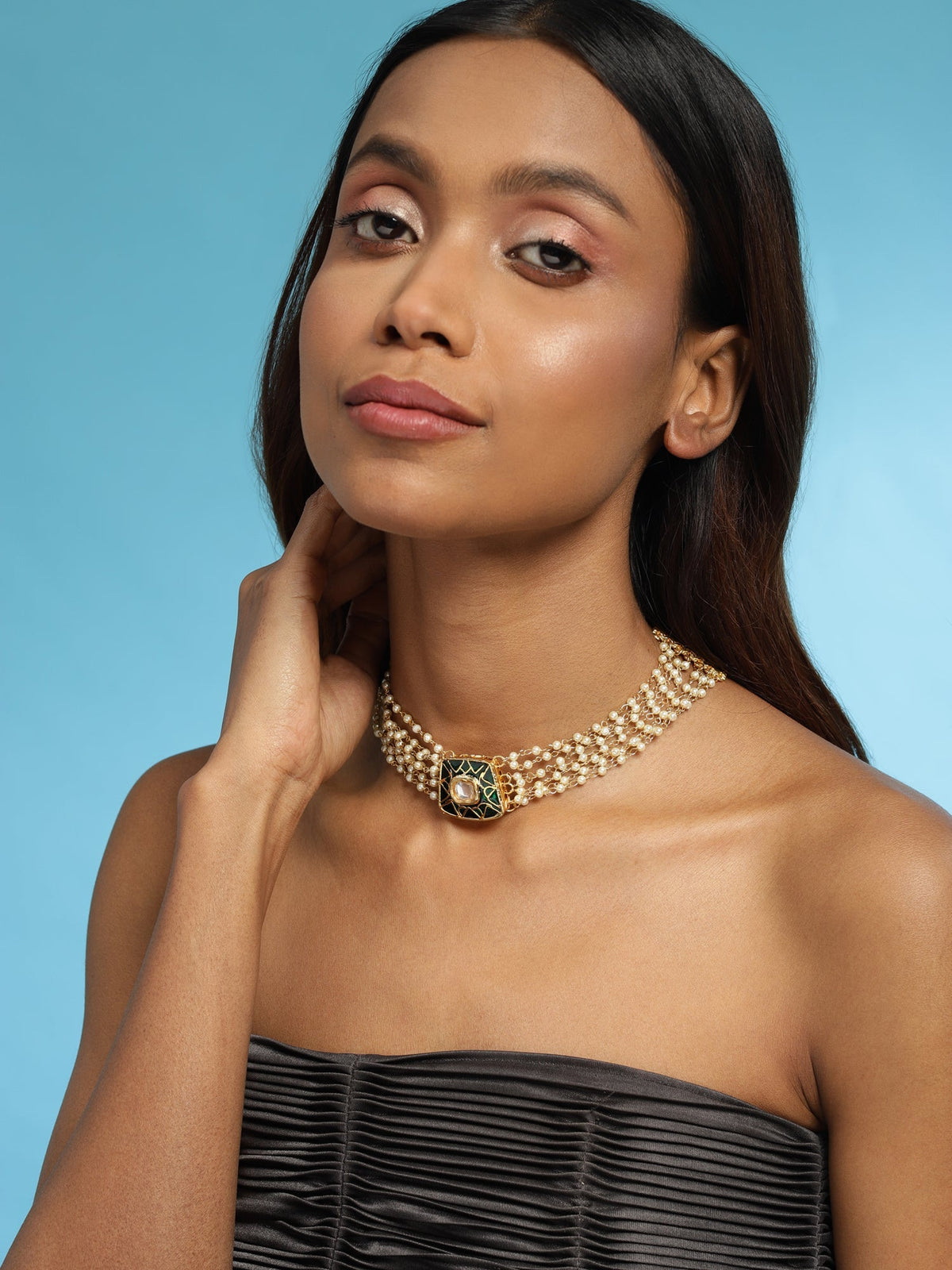 Gold-Polished White Green Brass Kundan Pearls Choker Necklace - Ruby Raang | Grocsy