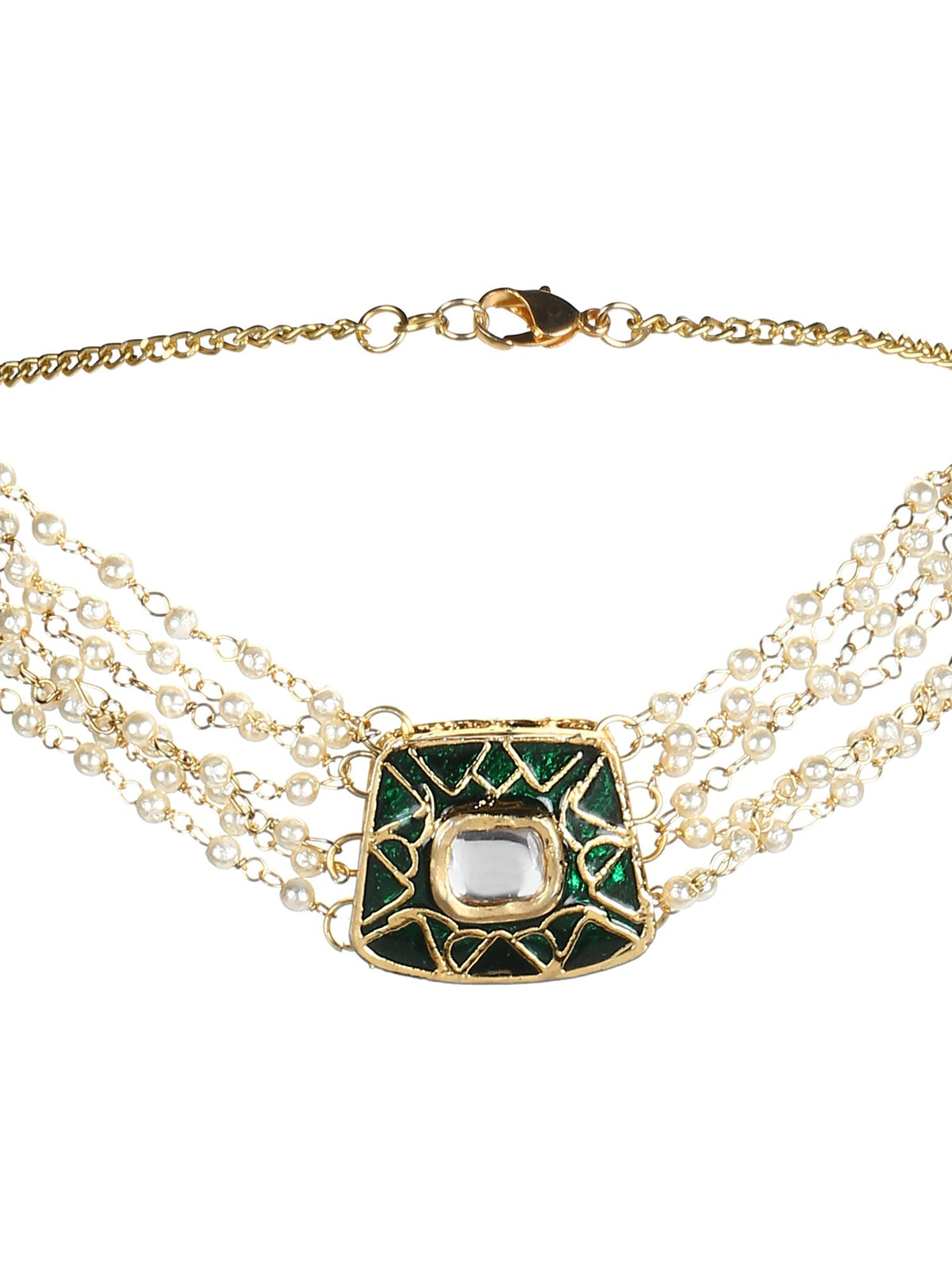 Gold-Polished White Green Brass Kundan Pearls Choker Necklace - Ruby Raang | Grocsy