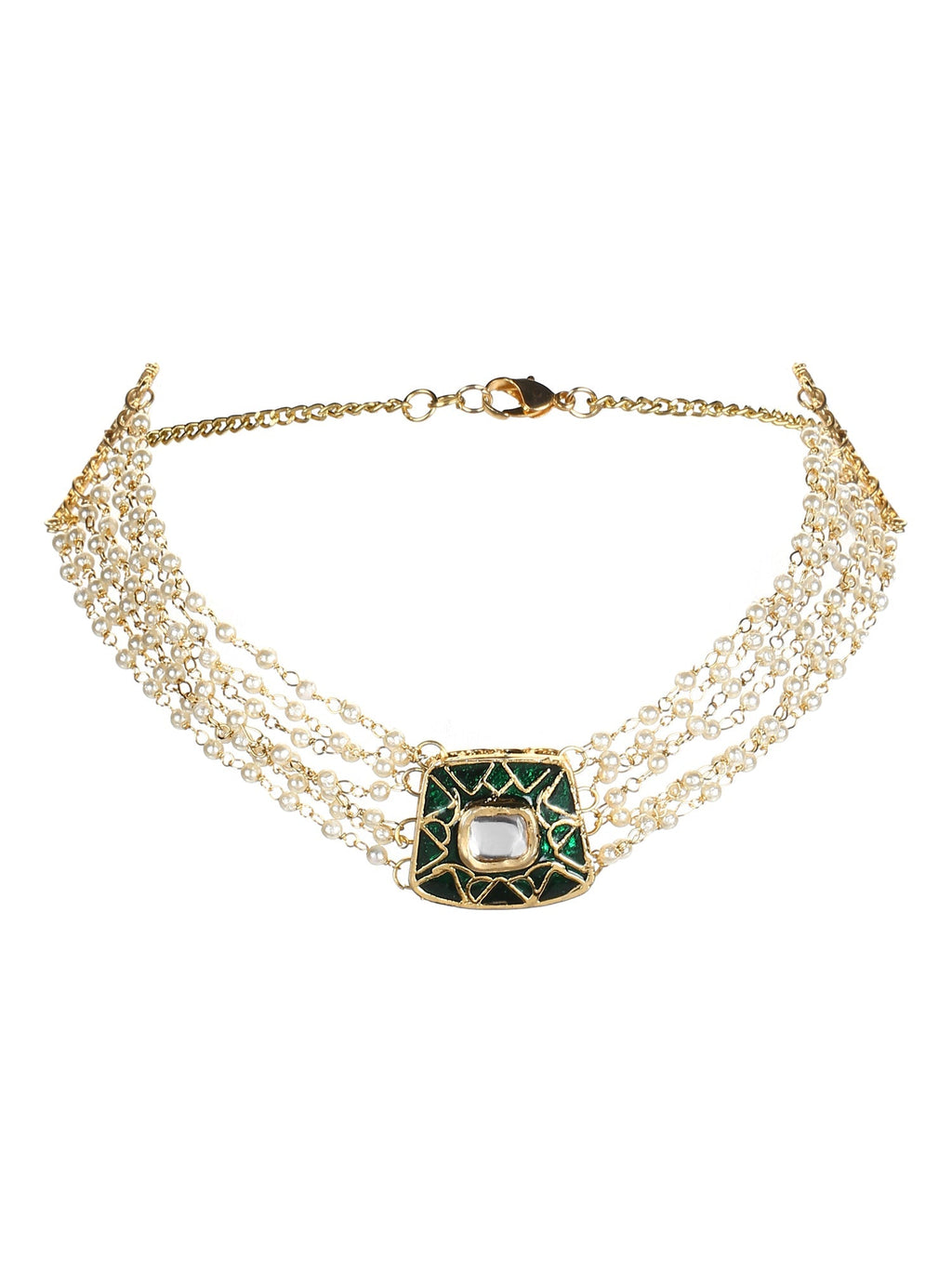 Gold-Polished White Green Brass Kundan Pearls Choker Necklace - Ruby Raang | Grocsy