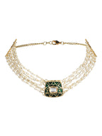 Gold-Polished White Green Brass Kundan Pearls Choker Necklace - Ruby Raang | Grocsy