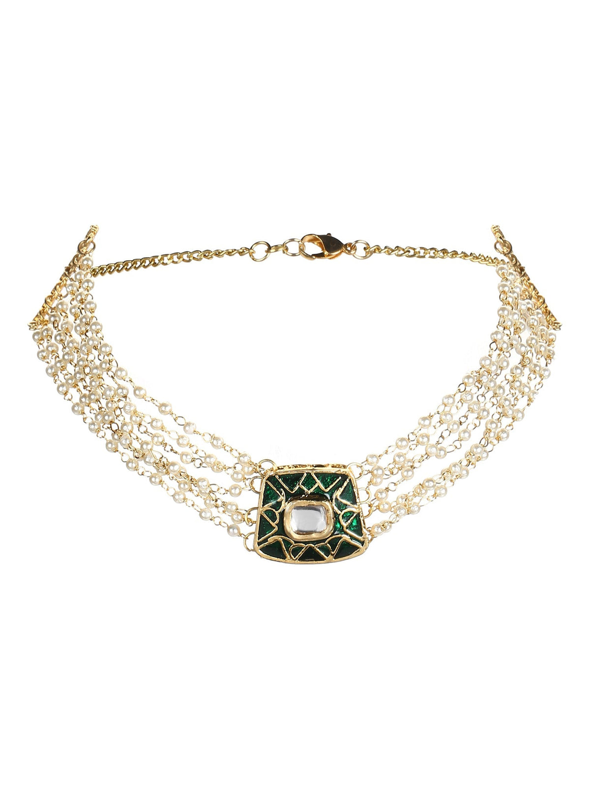 Gold-Polished White Green Brass Kundan Pearls Choker Necklace - Ruby Raang | Grocsy