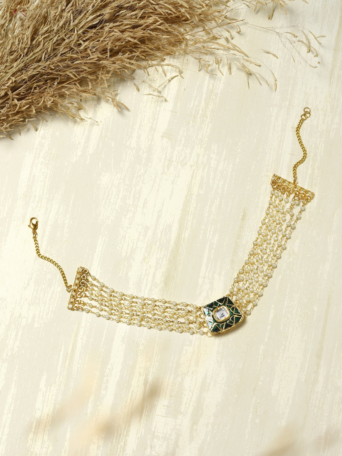 Gold-Polished White Green Brass Kundan Pearls Choker Necklace - Ruby Raang | Grocsy