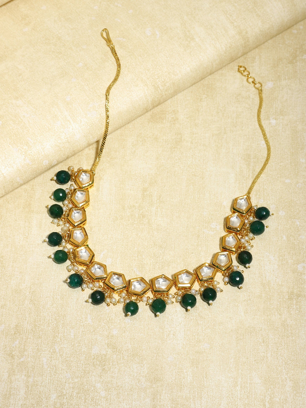 Gold-Polished White Greeb Brass Kundan Pearls Necklace - Ruby Raang | Grocsy