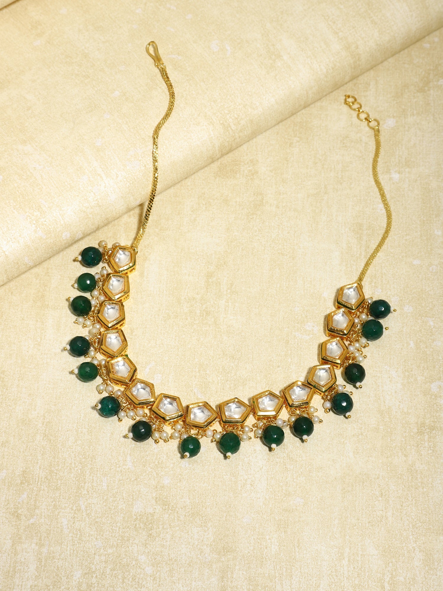 Gold-Polished White Greeb Brass Kundan Pearls Necklace - Ruby Raang | Grocsy