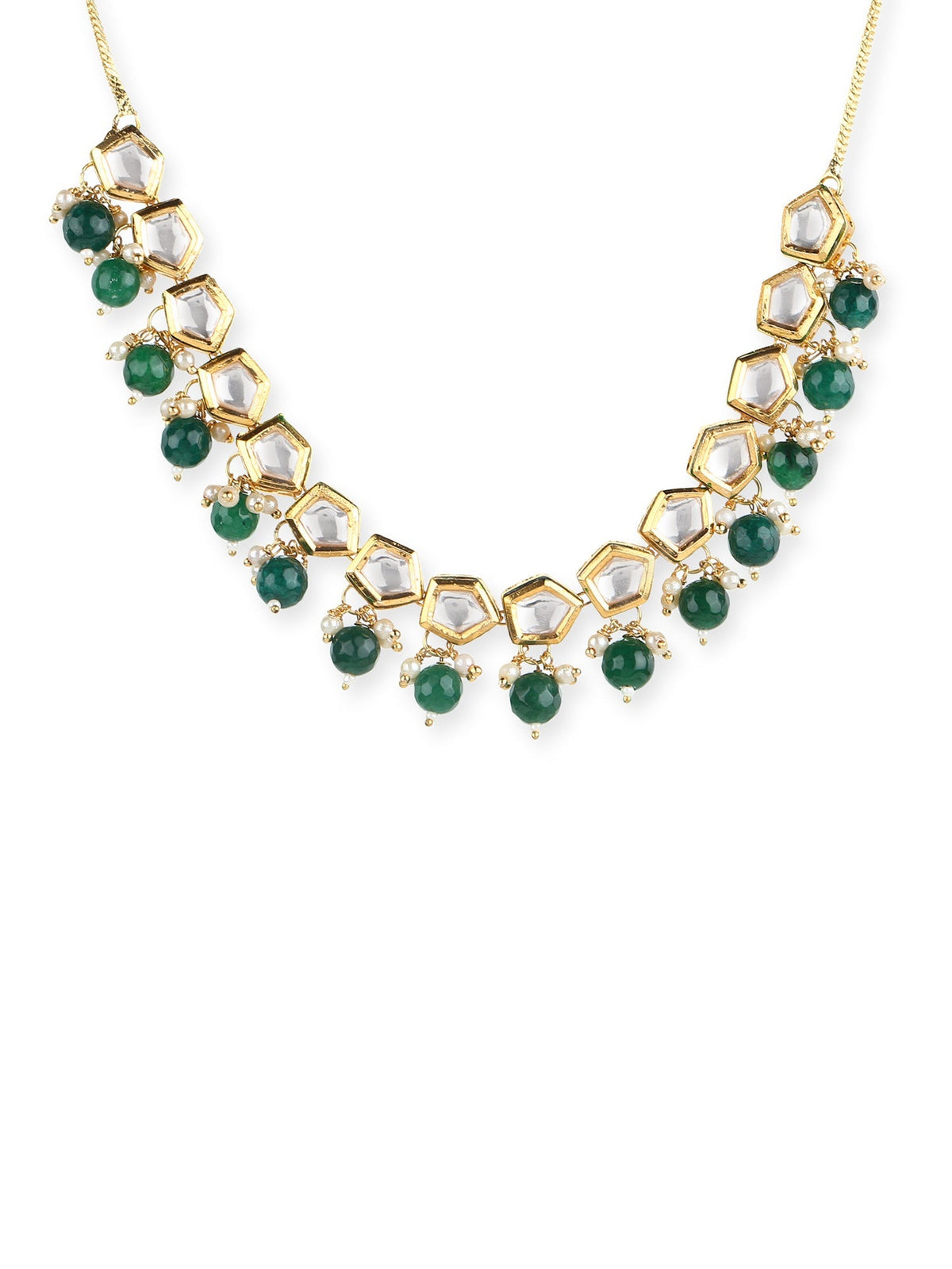 Gold-Polished White Greeb Brass Kundan Pearls Necklace - Ruby Raang | Grocsy
