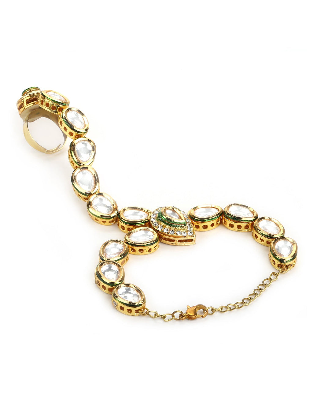 Women's Gold-Polished White Green Brass Kundan Ring Bracelet - Ruby Raang