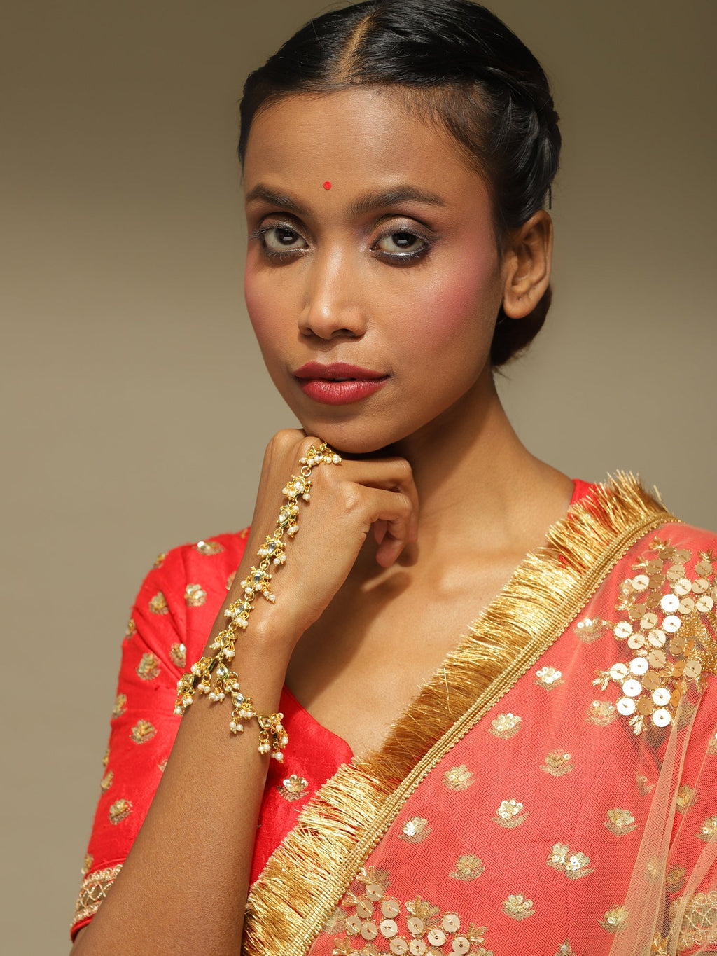 Women's Gold-Polished White Brass Kundan Bangle-Style Bracelet - Ruby Raang | Grocsy