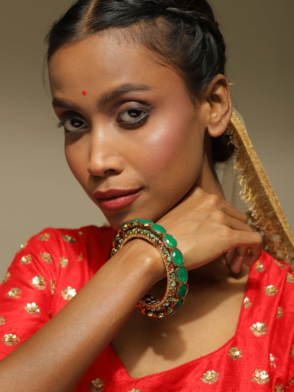 Gold-Polished Kundan Meenakari Bangle - Ruby Raang