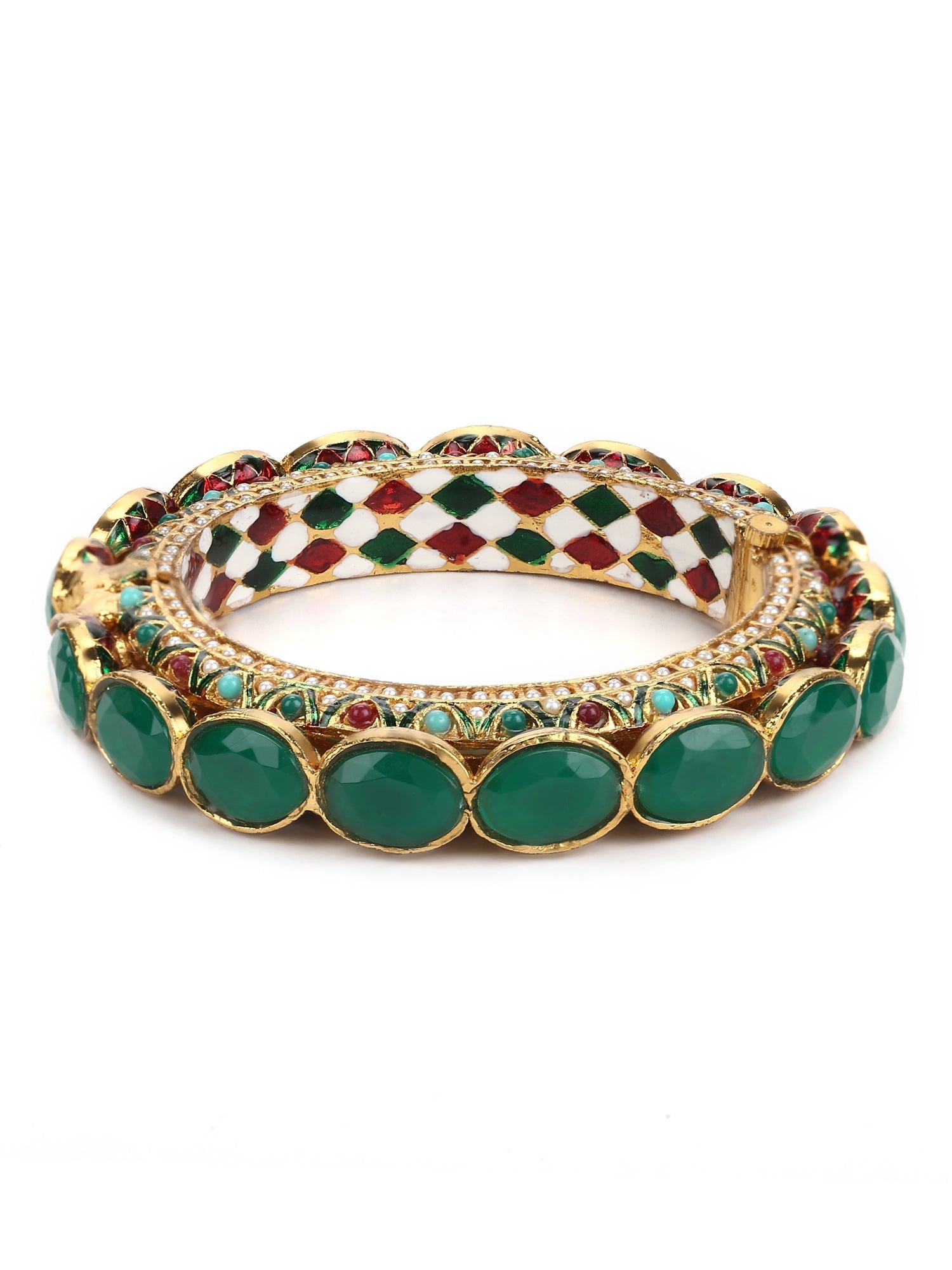 Gold-Polished Kundan Meenakari Bangle - Ruby Raang