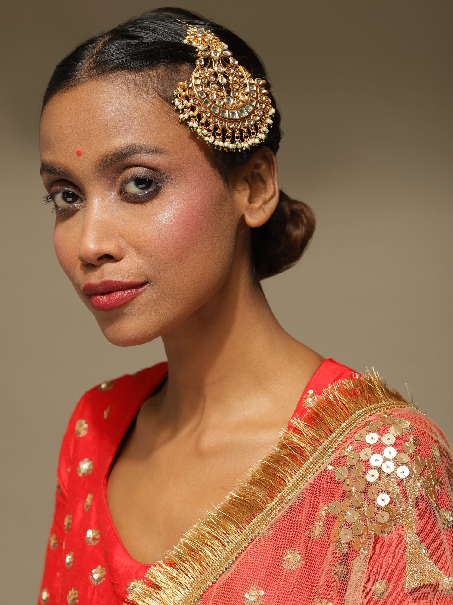 Gold-Polished Kundan Studded Maang Tikka Jhoomar - Ruby Raang | Grocsy