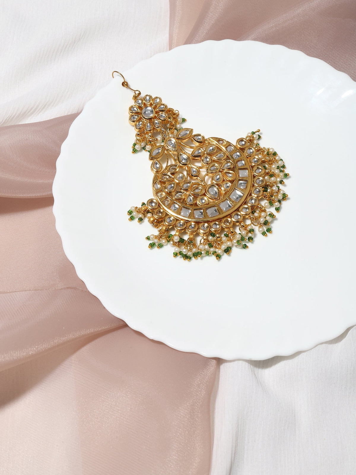 Gold-Polished Kundan Studded Maang Tikka Jhoomar - Ruby Raang | Grocsy