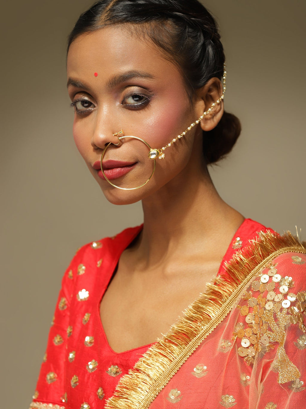 Women's Gold-Toned White Kundan Nose Ring - Ruby Raang | Grocsy