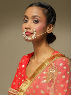 White Gold-Toned Plated Kundan Vilandi Chained Nose Ring - Ruby Raang | Grocsy