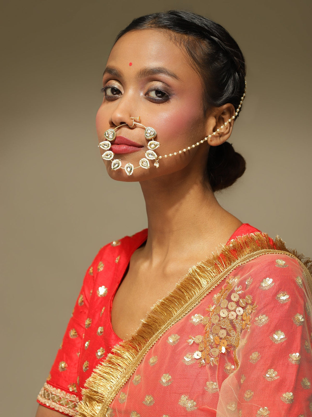 White Gold-Toned Plated Kundan Vilandi Chained Nose Ring - Ruby Raang | Grocsy