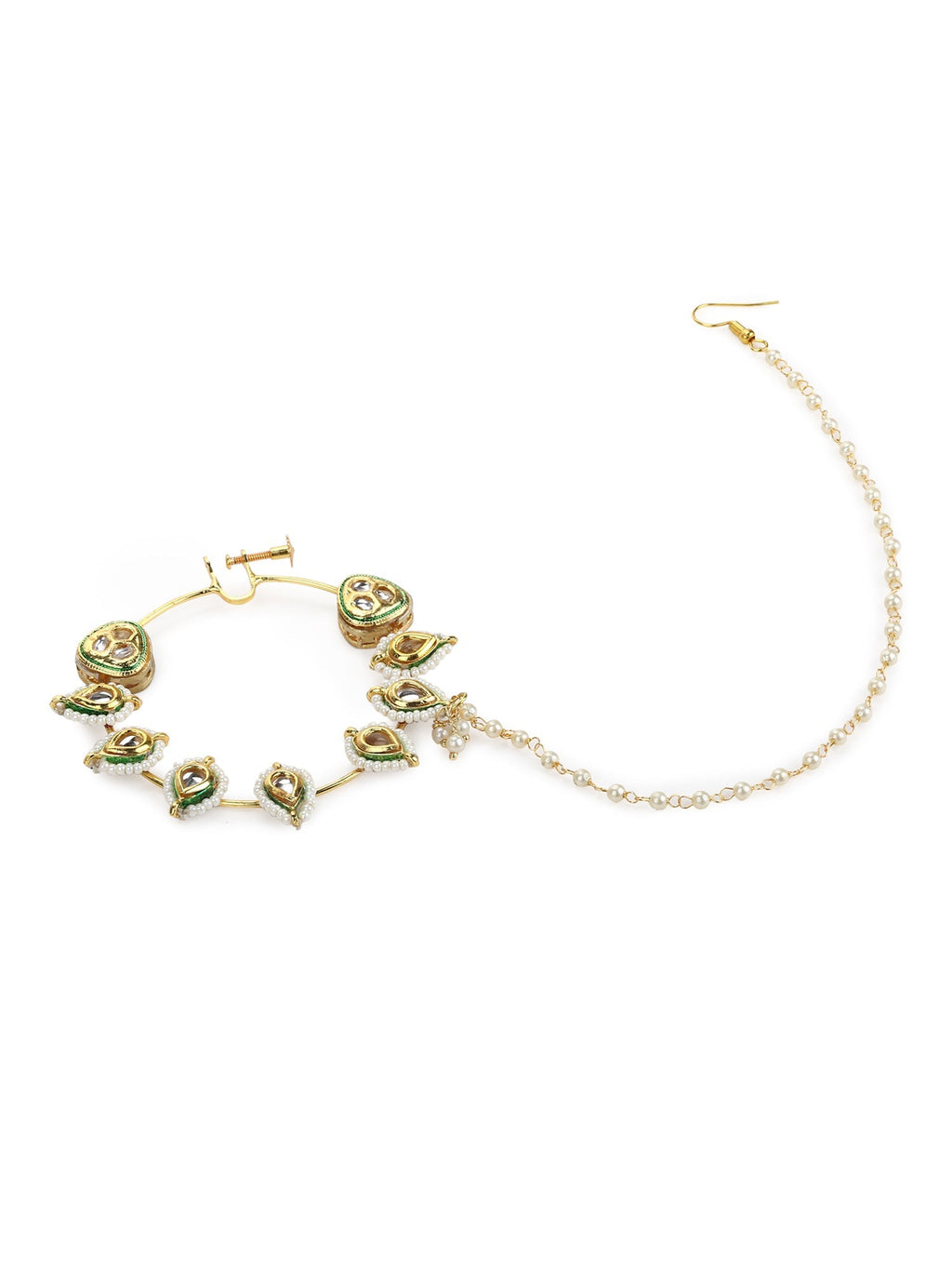 White Gold-Toned Plated Kundan Vilandi Chained Nose Ring - Ruby Raang | Grocsy