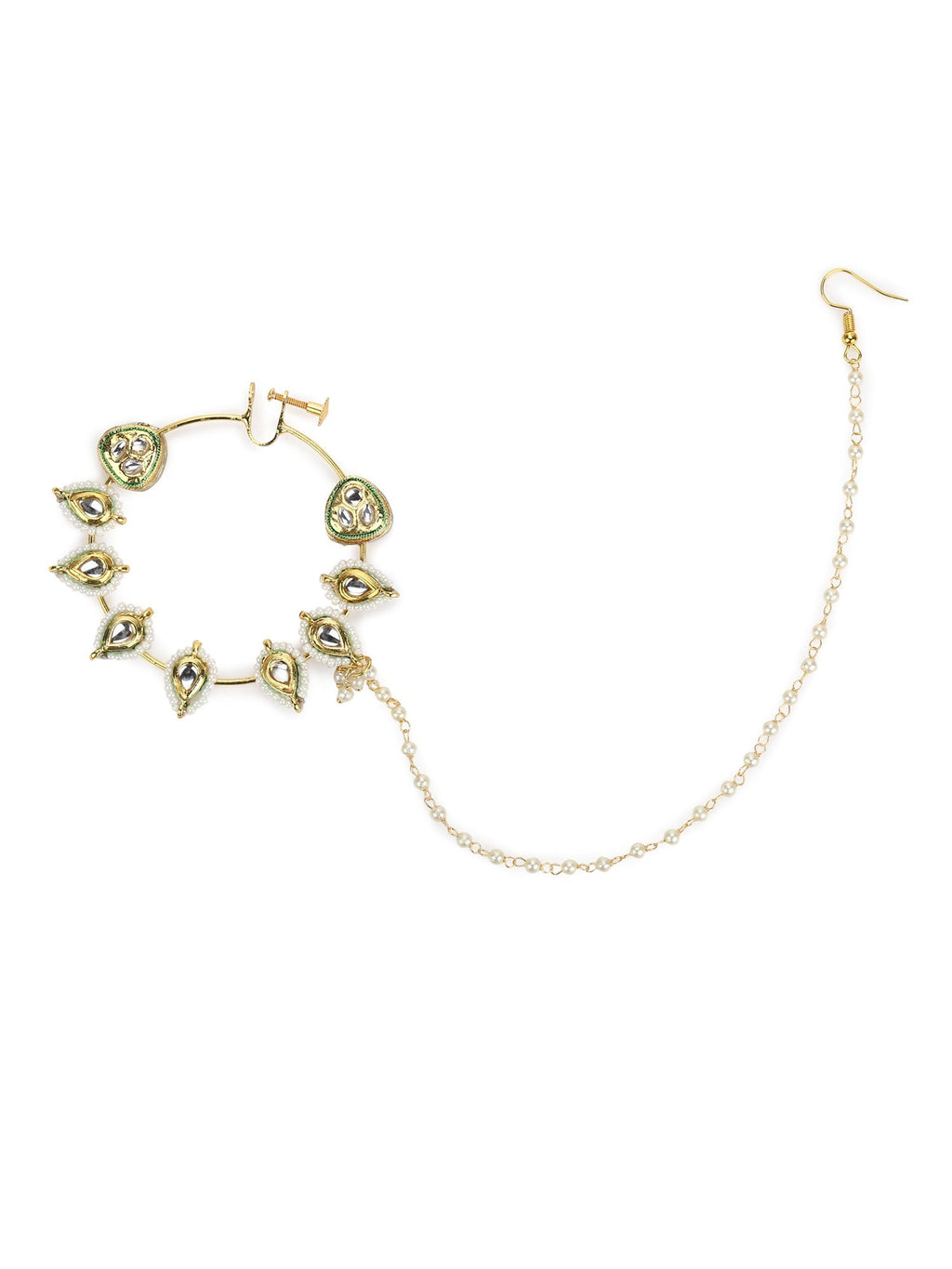 White Gold-Toned Plated Kundan Vilandi Chained Nose Ring - Ruby Raang | Grocsy