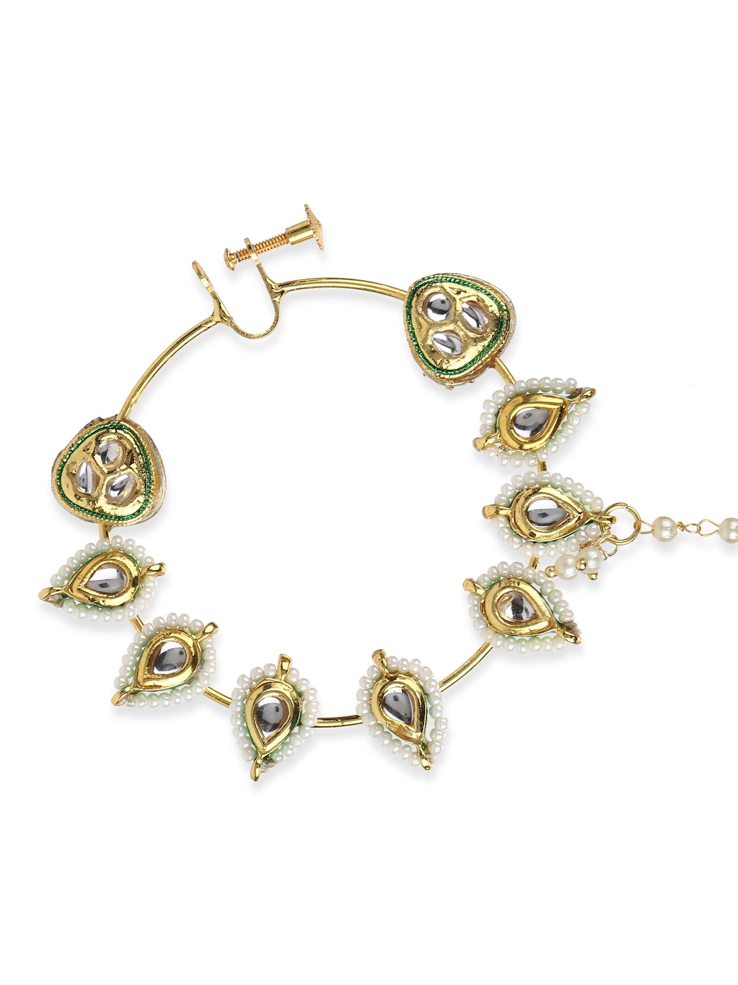 White Gold-Toned Plated Kundan Vilandi Chained Nose Ring - Ruby Raang | Grocsy