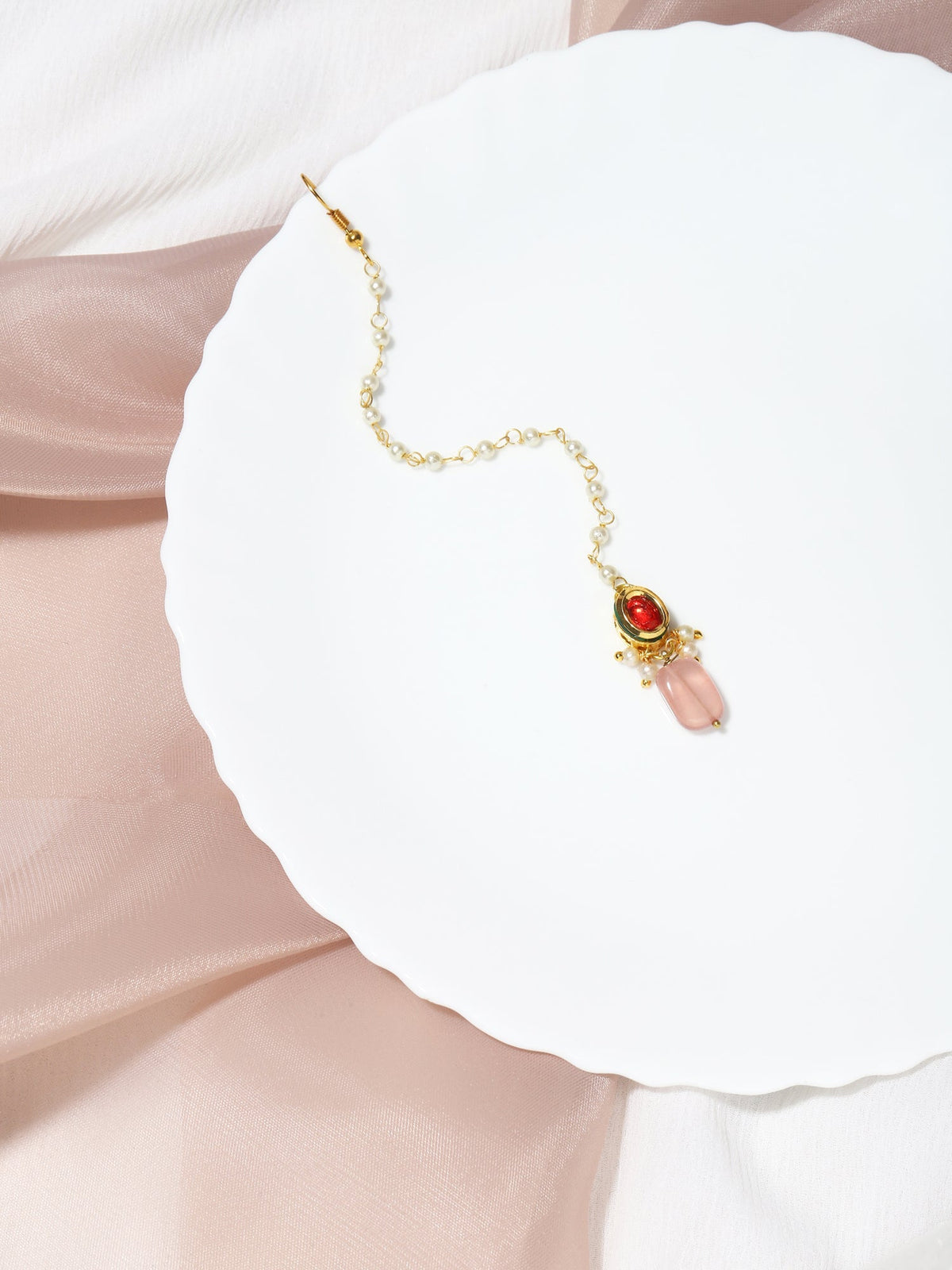Gold-Polished Red Kundan-Studded Handcrafted Maang Tikka - Ruby Raang | Grocsy