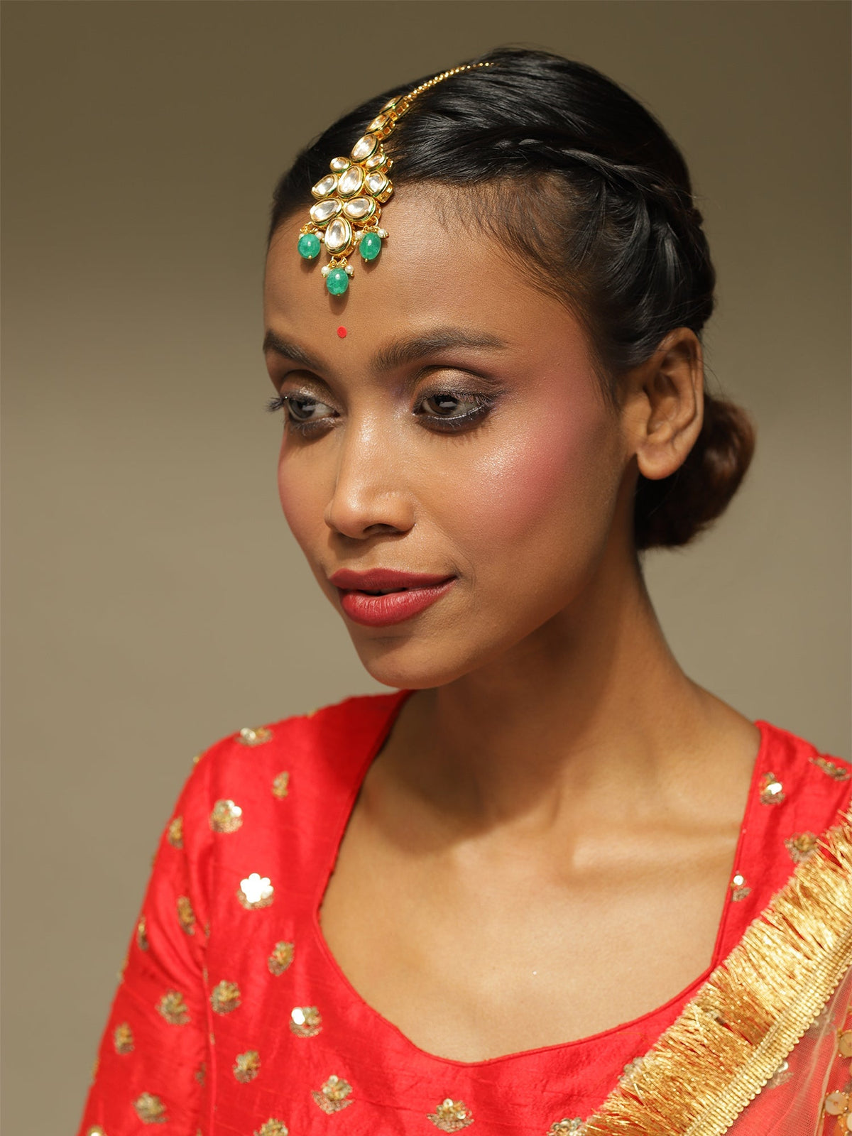 Gold-Polished Green White Kundan-Studded Maang Tikka - Ruby Raang | Grocsy