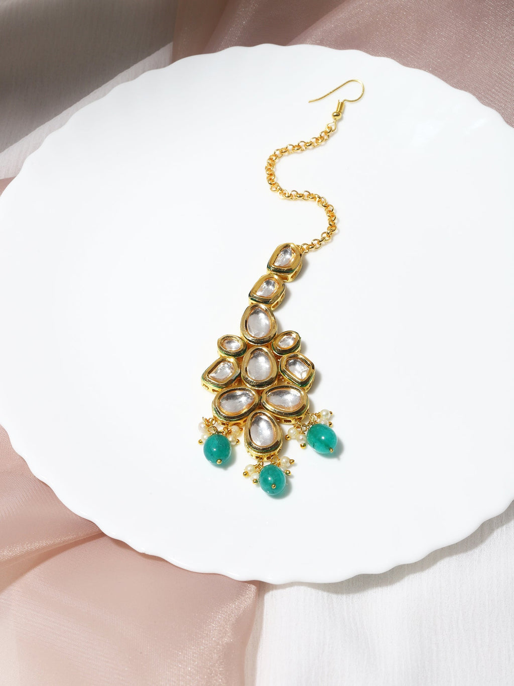 Gold-Polished Green White Kundan-Studded Maang Tikka - Ruby Raang | Grocsy