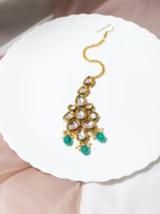Gold-Polished Green White Kundan-Studded Maang Tikka - Ruby Raang | Grocsy