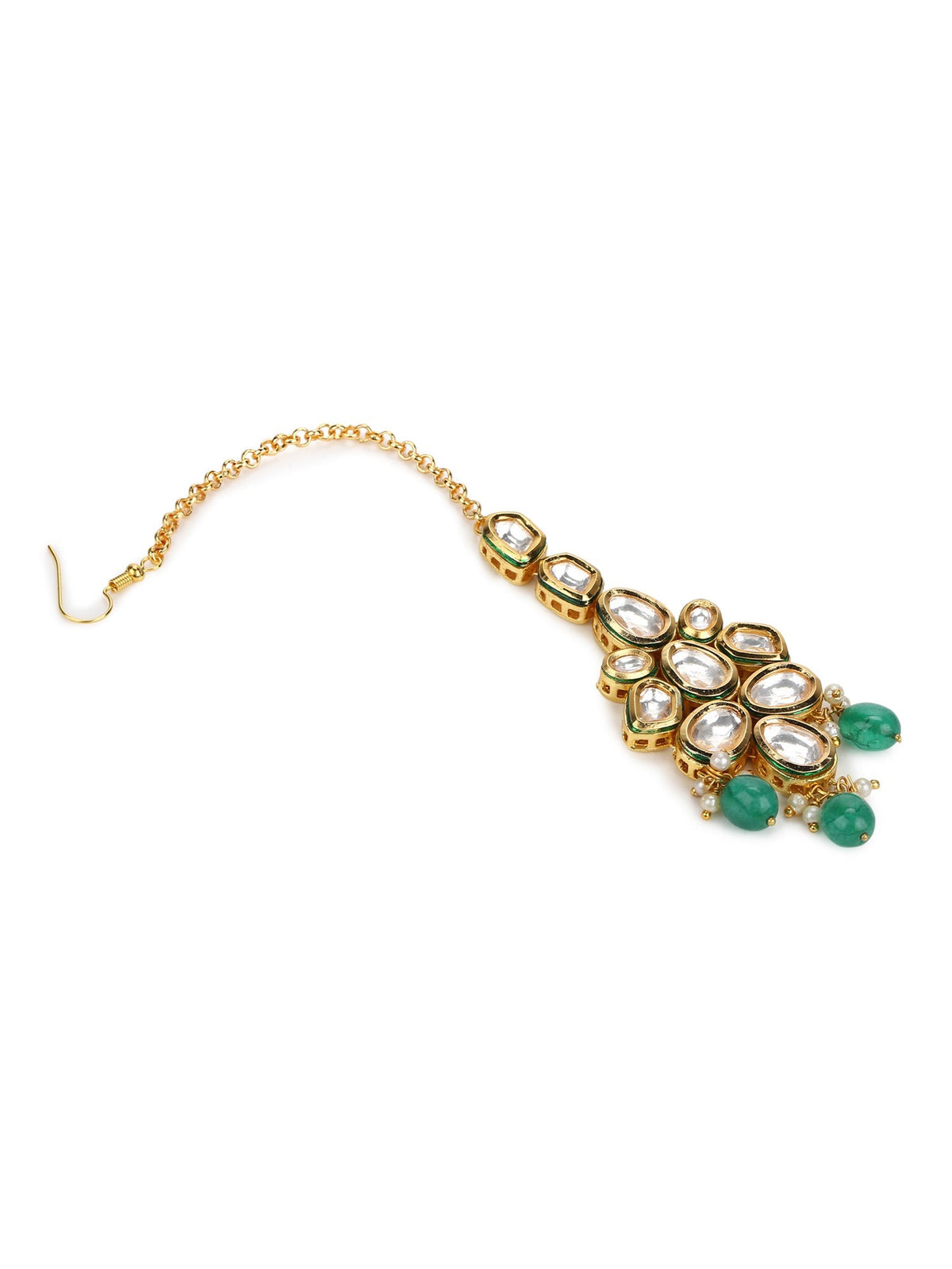 Gold-Polished Green White Kundan-Studded Maang Tikka - Ruby Raang | Grocsy