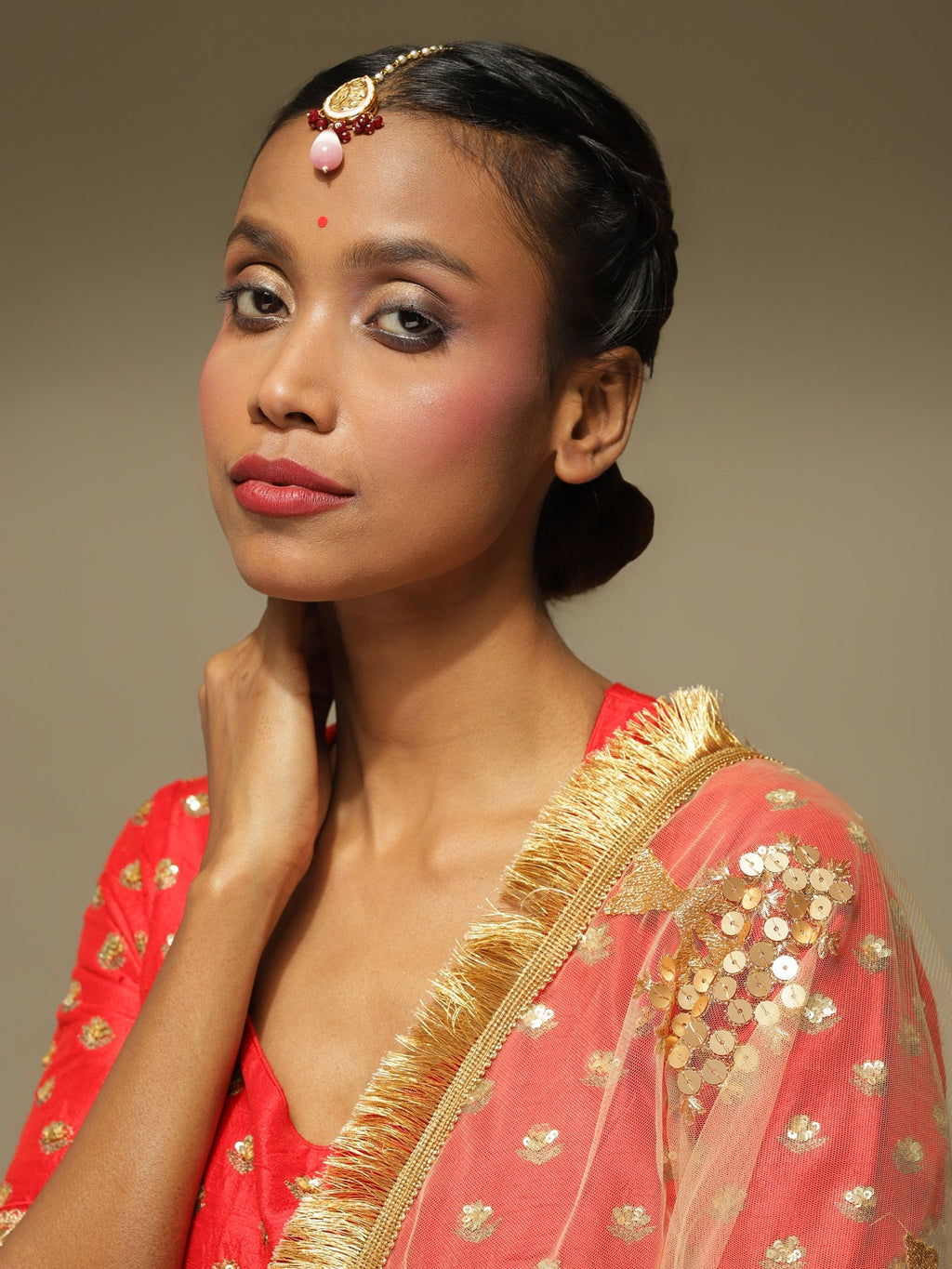 Pink Gold-Polished Kundan Studded Maang Tikka - Ruby Raang | Grocsy