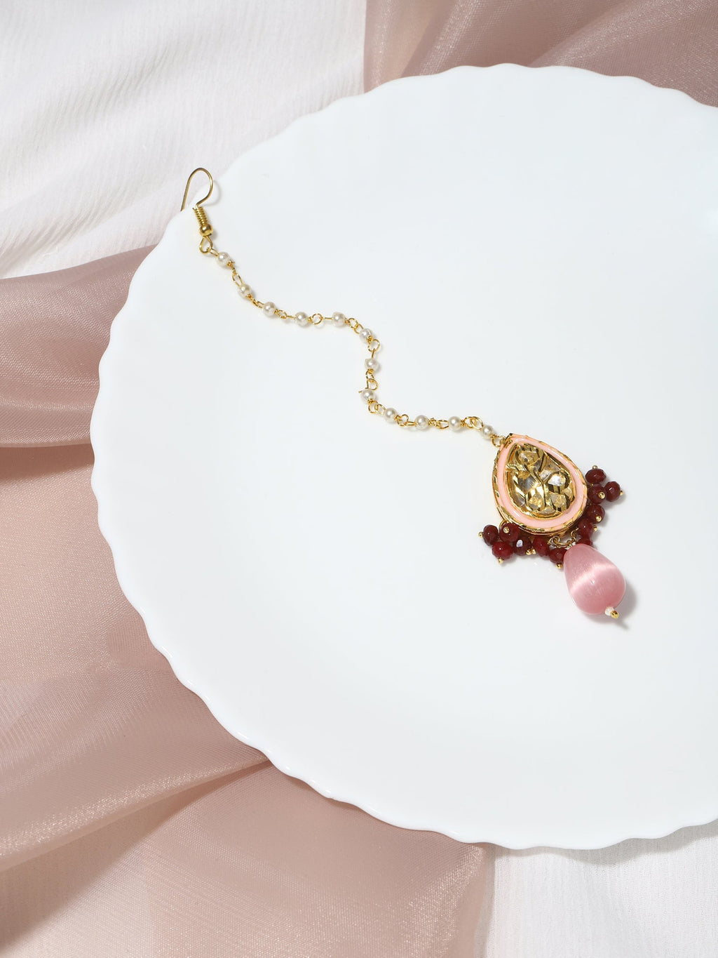 Pink Gold-Polished Kundan Studded Maang Tikka - Ruby Raang | Grocsy