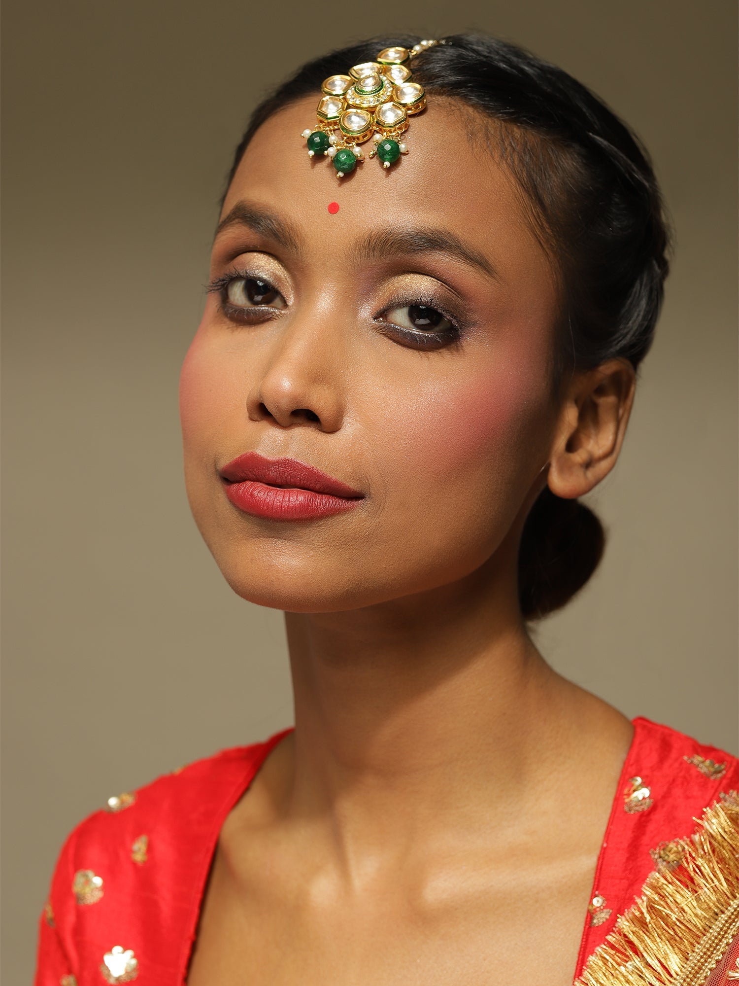 Gold-Polished Green Kundan-Studded Maang Tikka - Ruby Raang | Grocsy