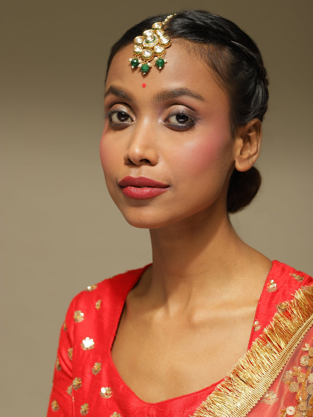 Gold-Polished Green Kundan-Studded Maang Tikka - Ruby Raang | Grocsy