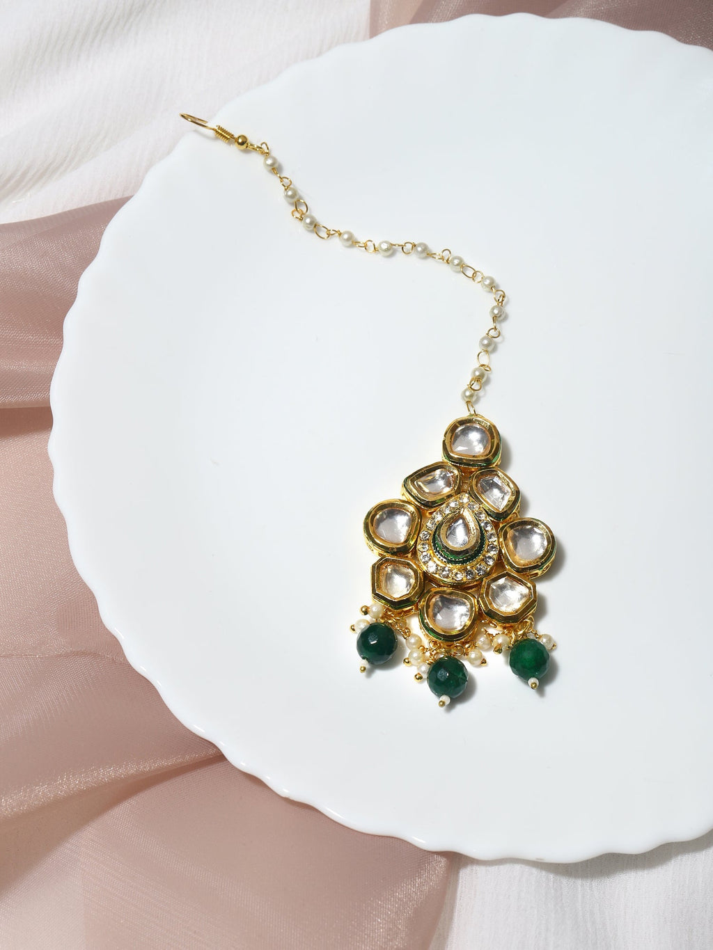 Gold-Polished Green Kundan-Studded Maang Tikka - Ruby Raang | Grocsy