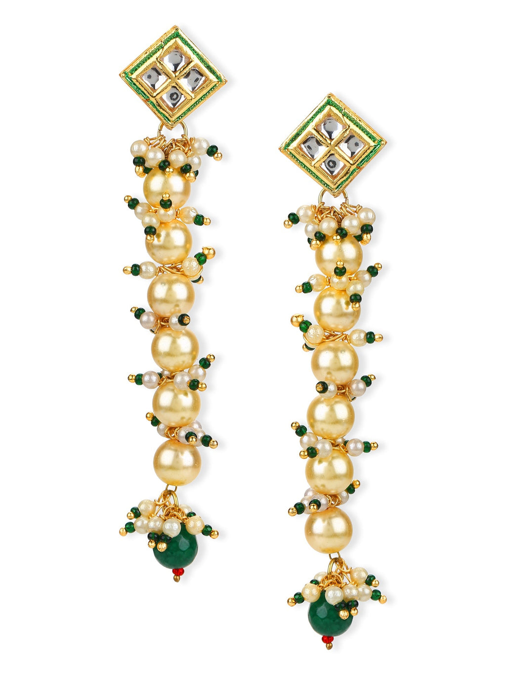 Cream-Coloured Green Gold-Polished Kundan Studded Contemporary Drop Earrings - Ruby Raang | Grocsy