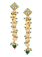 Cream-Coloured Green Gold-Polished Kundan Studded Contemporary Drop Earrings - Ruby Raang | Grocsy
