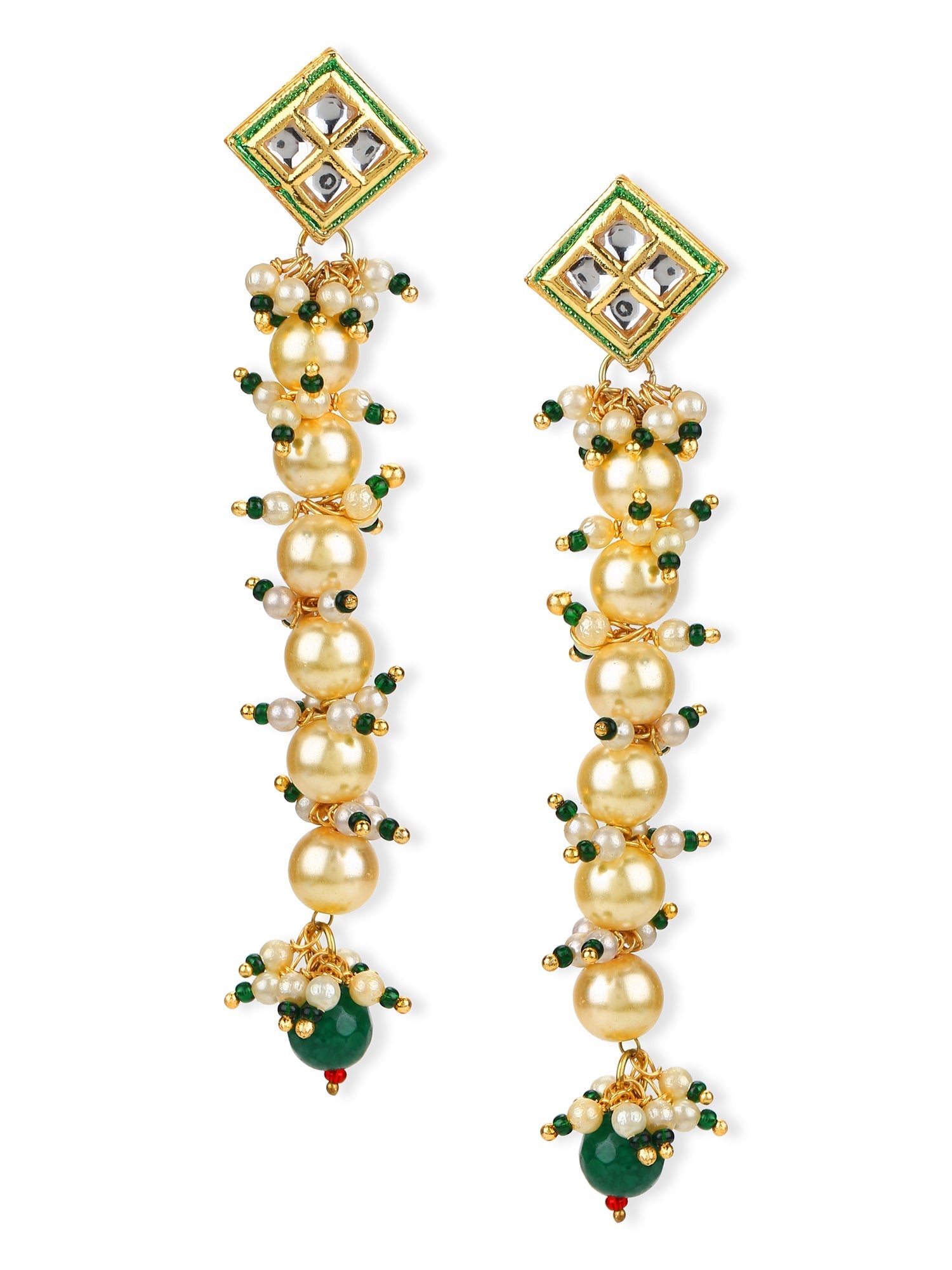 Cream-Coloured Green Gold-Polished Kundan Studded Contemporary Drop Earrings - Ruby Raang | Grocsy