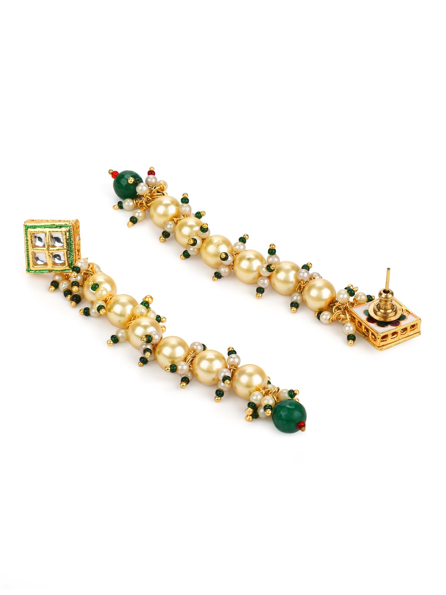 Cream-Coloured Green Gold-Polished Kundan Studded Contemporary Drop Earrings - Ruby Raang | Grocsy
