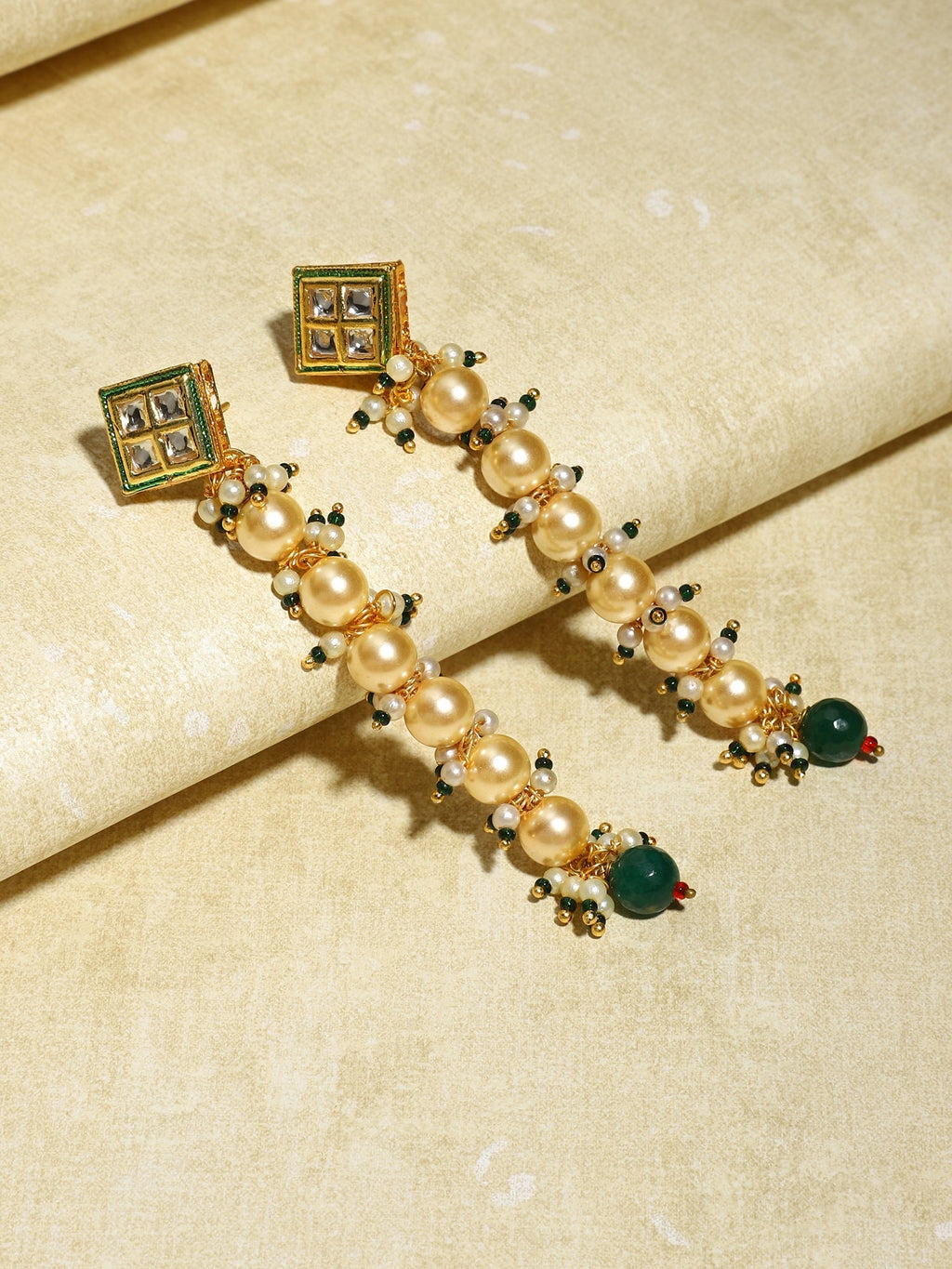 Cream-Coloured Green Gold-Polished Kundan Studded Contemporary Drop Earrings - Ruby Raang | Grocsy